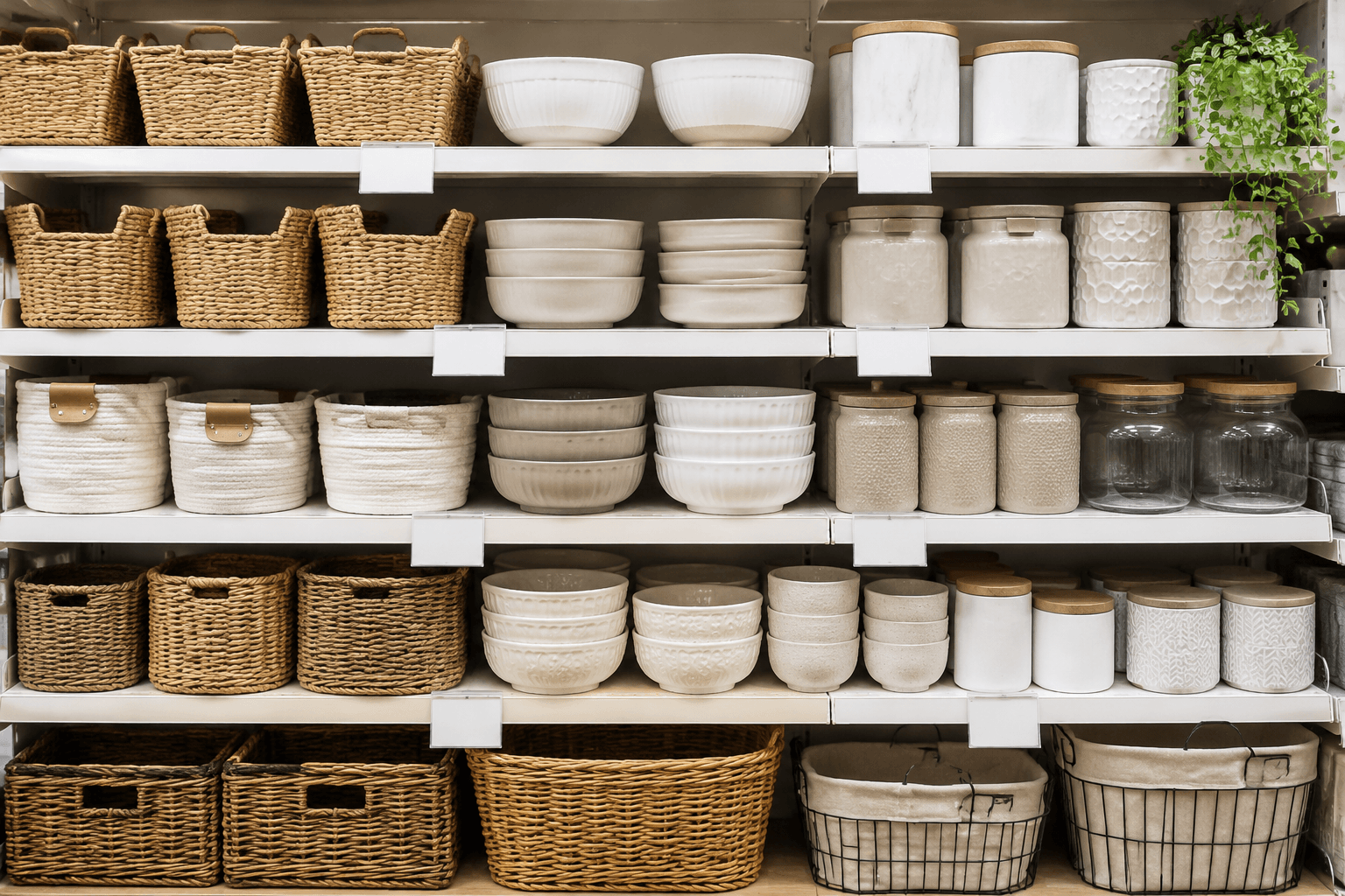 An orderly value homeware shelf with plain blank shelf tickets
