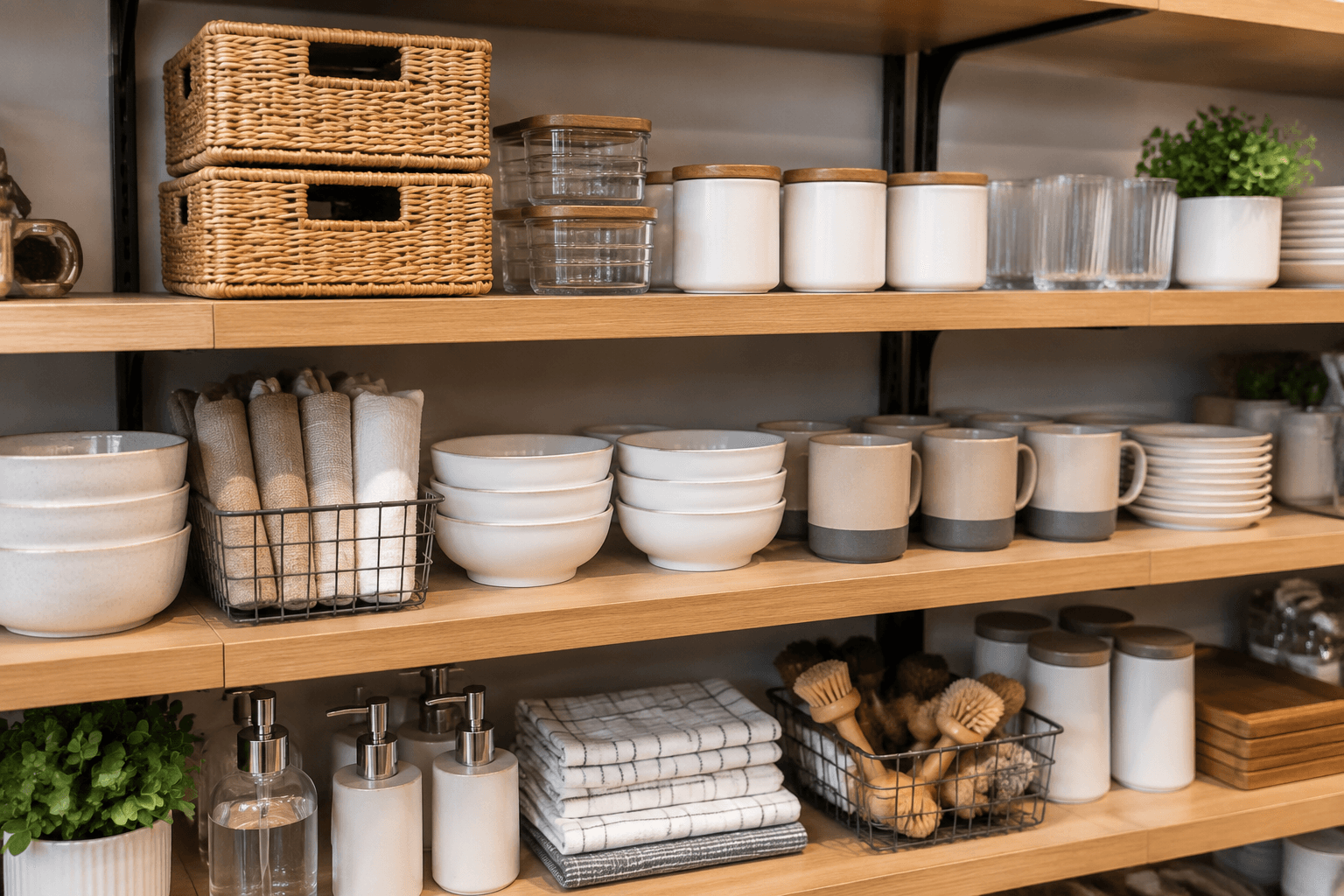 A clean high-street value homeware shelf stocked with baskets, bowls and canisters